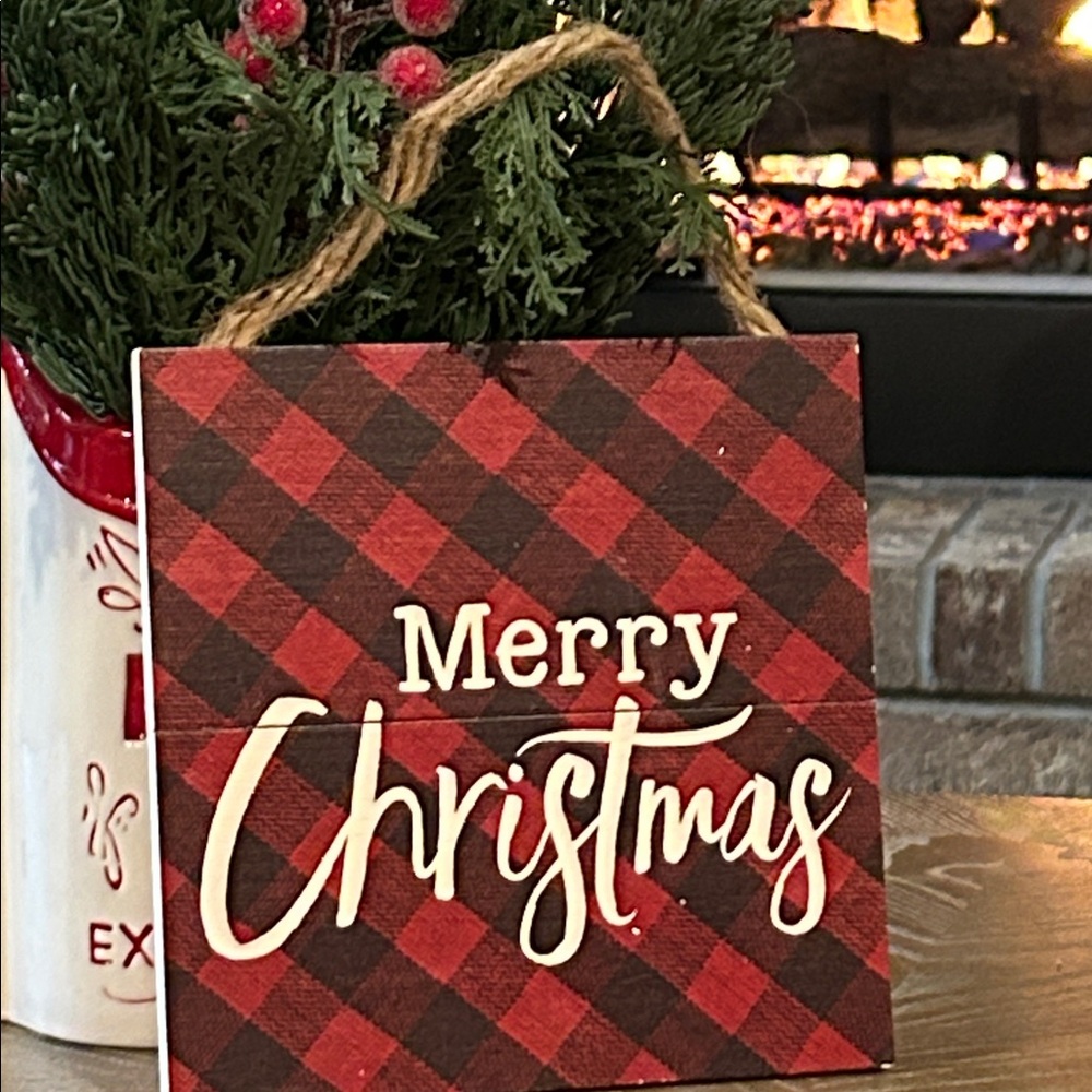 New! Rustic Farmhouse Red & Black Buffalo Check Merry Christmas Wood & Jute Sign